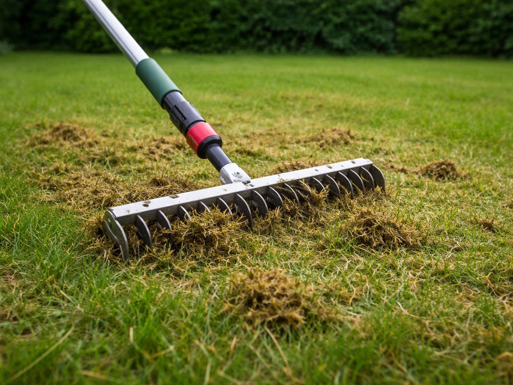 Scarificateur traîné sur la pelouse, mousse et chaume soulevés à la surface après défeutrage.