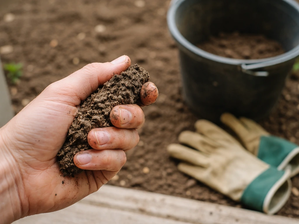 Une main travaille une poignée de terre légèrement humidifiée près d’un seau et de gants de jardinage.