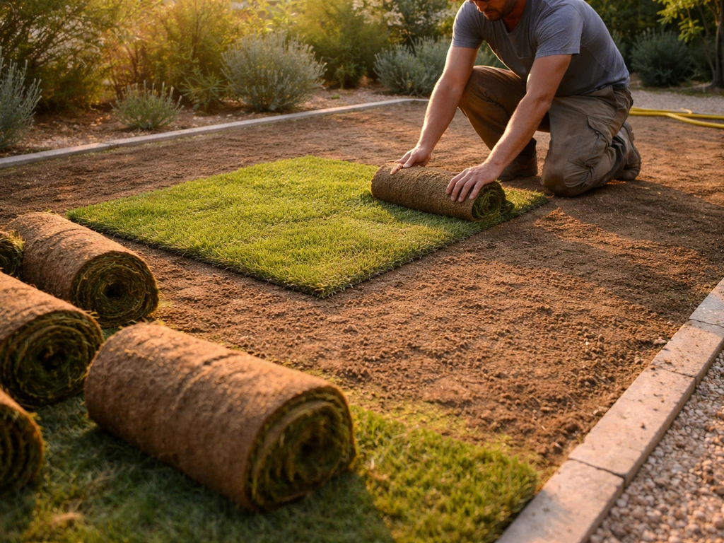 Un jardin en chantier : rouleaux de gazon prêt à poser posés au printemps/automne, personne anonyme au travail.