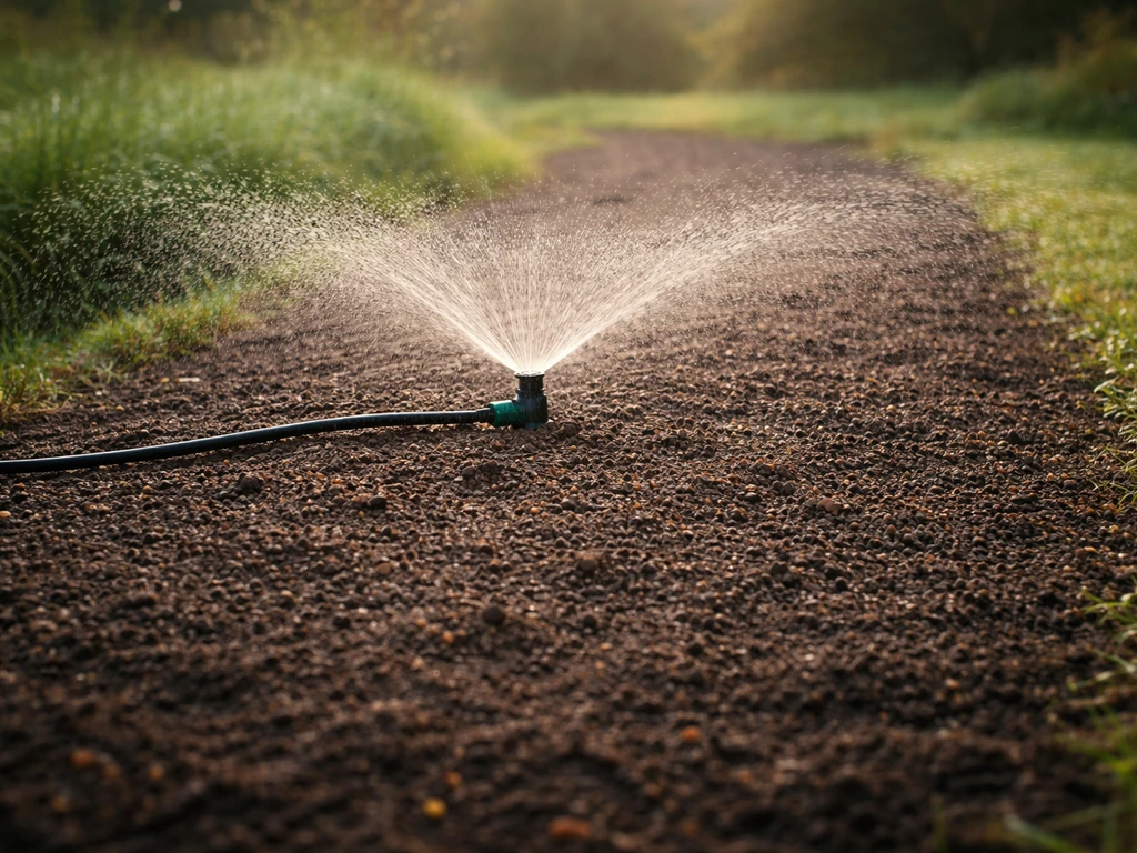 Arroseur de jardin en action tôt le matin, sol fraîchement humidifié sans ruissellement au premier plan.
