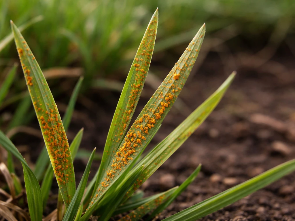 Gros plan sur des brins de gazon présentant des pustules orange-brun typiques de la rouille