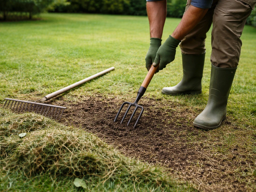 Pelouse scarifiée : feutre et herbe coupée visibles, un outil manuel décompacte la terre dans un jardin.