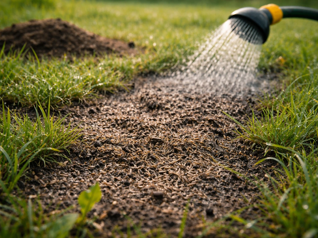 Sursemis de pelouse : petites graines visibles dans une zone claire, arrosage du matin et sol humide