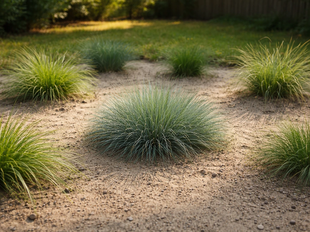 Touffes d’herbes type fétuque sur sol sableux, prises de vue rapprochées pour illustrer des espèces adaptées.
