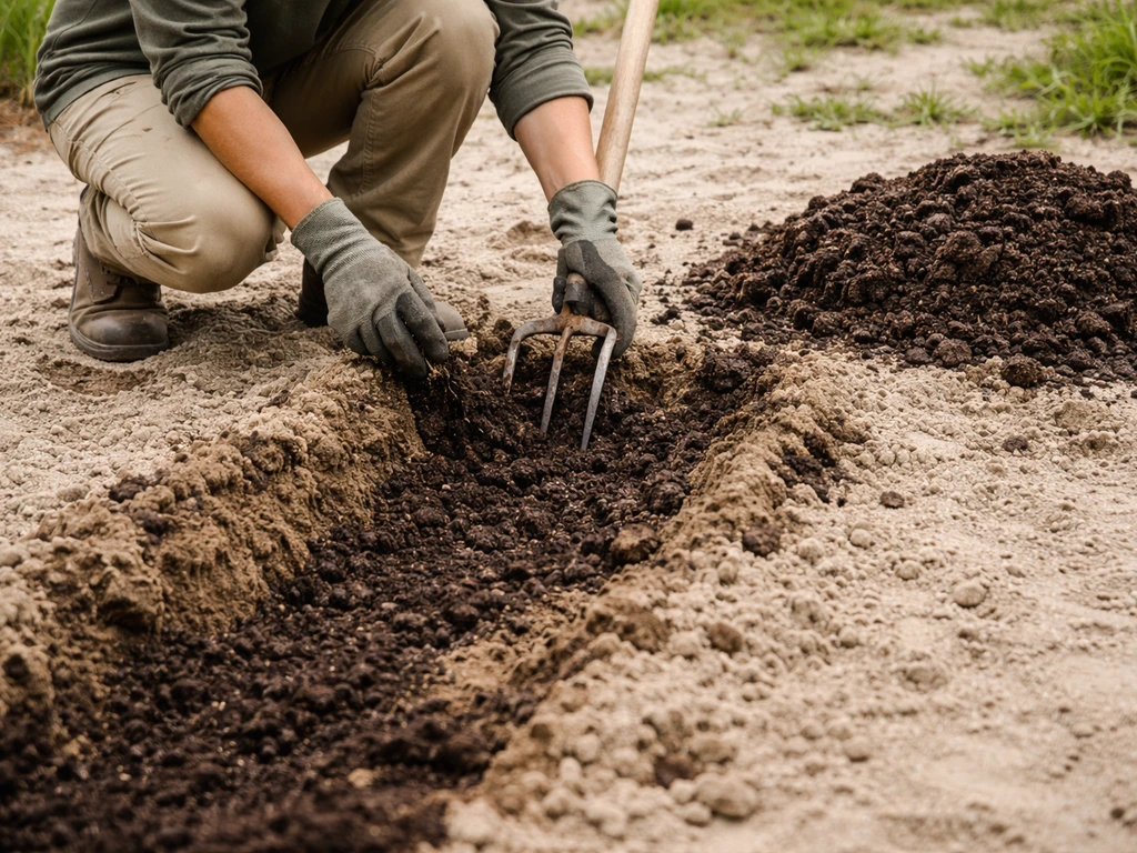 Jardinier anonyme incorporant du compost mûr dans un sol sableux, zone de mélange visible et fourche-bêche.