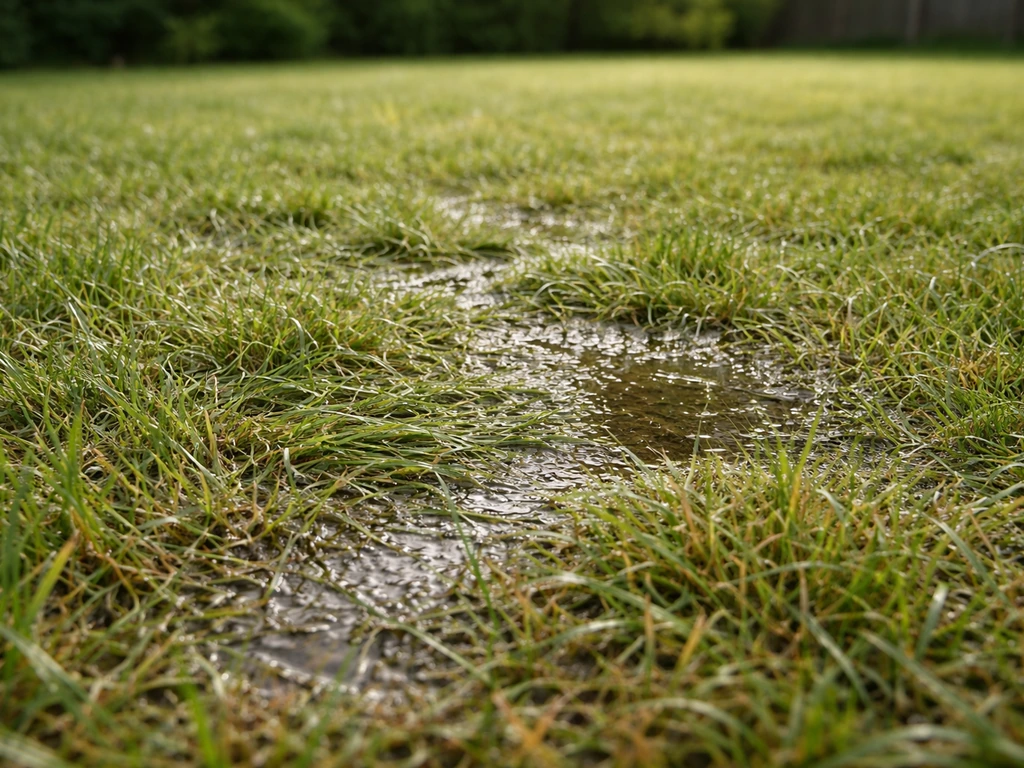 Pelouse humide avec zones molles et herbe couchée, aspect vert mais sol détrempé en surface.