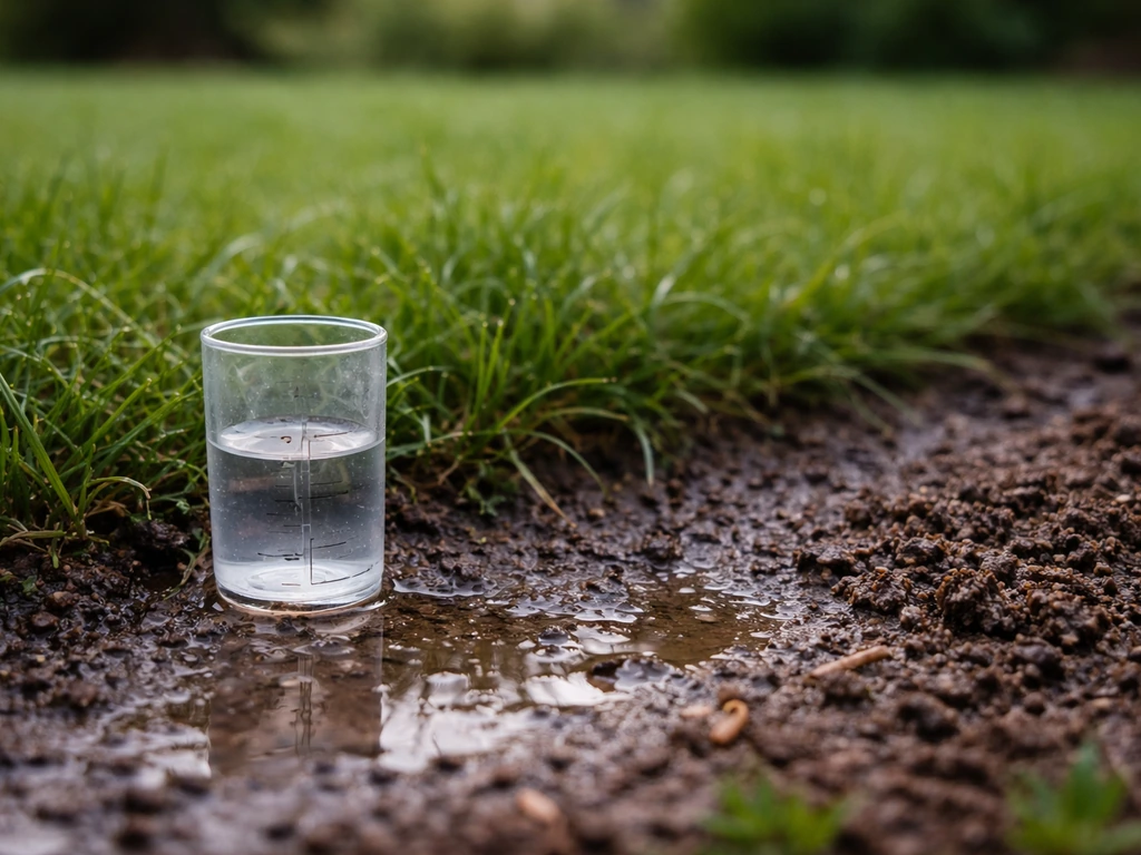 Pluviomètre près d’une pelouse, sol sombre et saturé visible après pluie ou arrosage excessif.