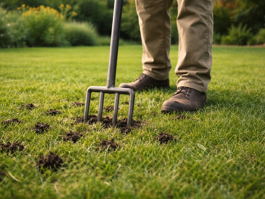 Un jardinier anonyme aère la pelouse avec une fourche/aérateur, enfonçant l’outil pour créer des trous.