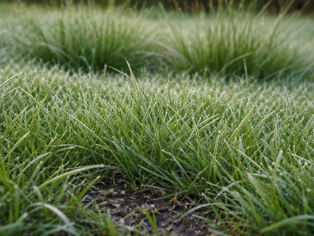 Gros plan sur des brins de pâturin et fétuques verts dans une pelouse humide et froide.