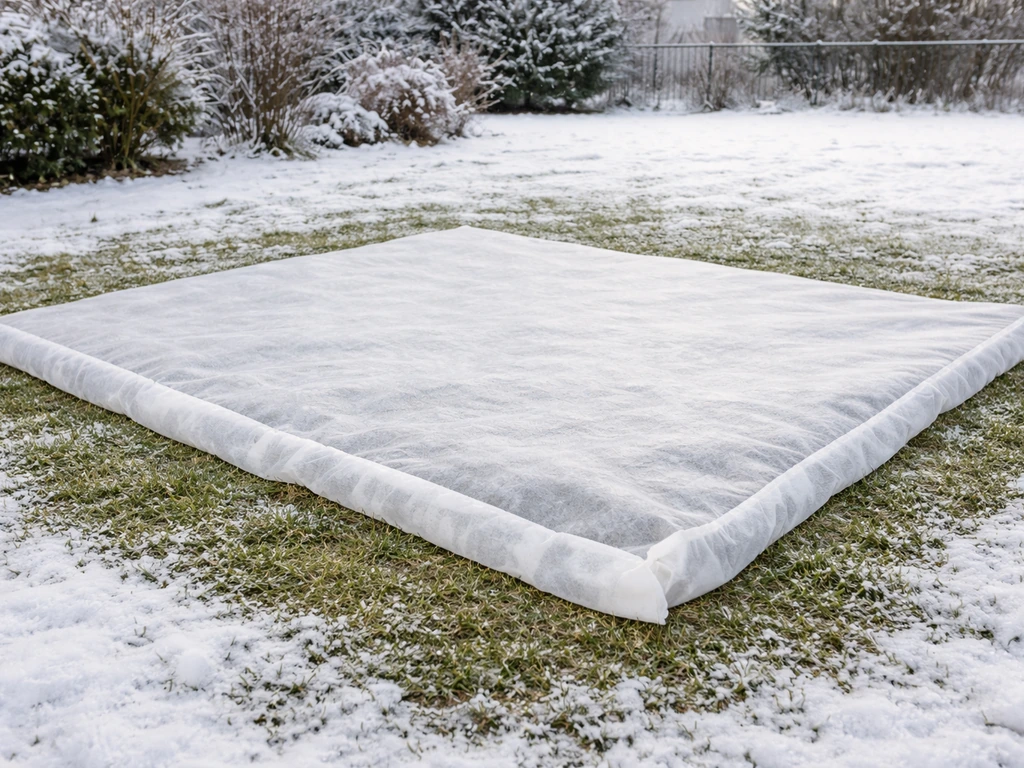 Pelouse enneigée protégée par un non-tissé horticole et ruban, sans traces de pas, jardin d’hiver.