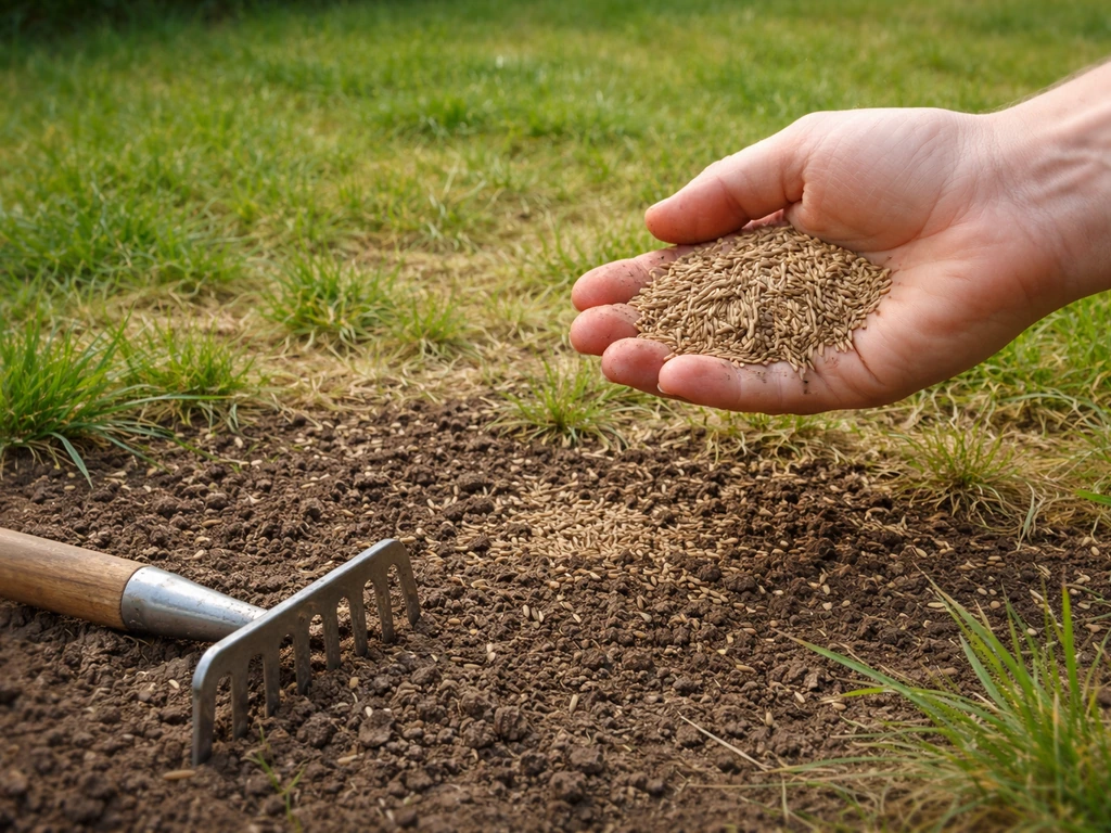 Main qui sème le gazon sur sol gratté, râteau et zones clairsemées visibles dans un jardin.