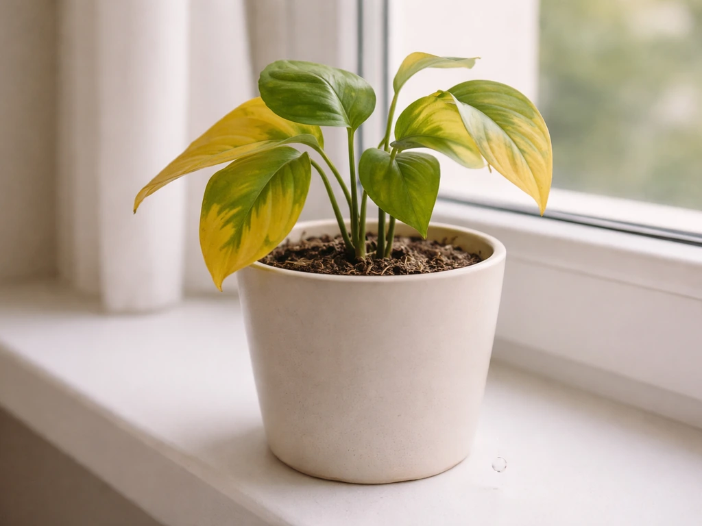 Plante en pot légèrement jaunie, terre visible, goutte d’arrosage et lumière du jour pour illustrer un diagnostic rapide