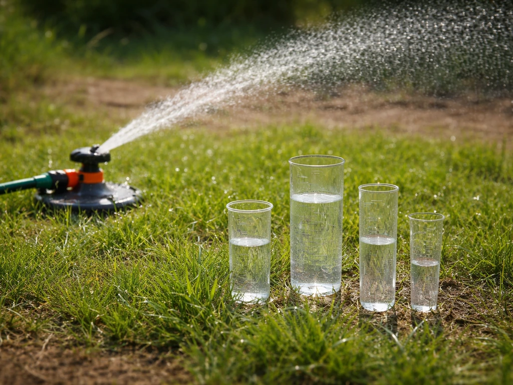Arroseur mécanique au-dessus d’un gazon, avec plusieurs récipients gradués pour visualiser des litres par m².