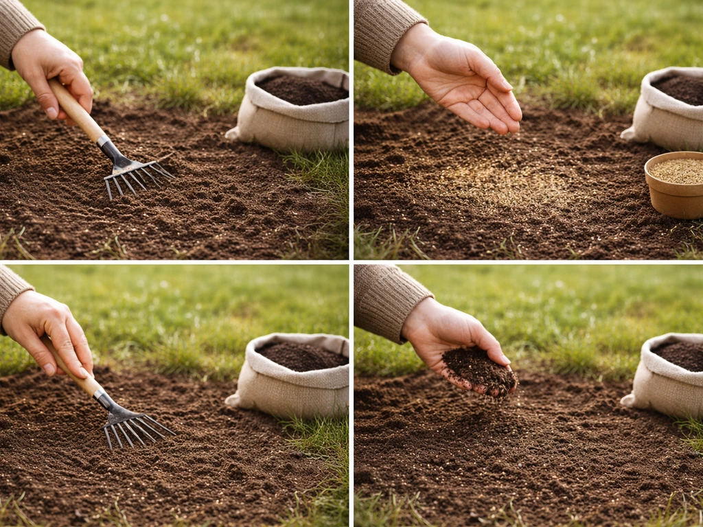 Mains jardinage scarifiant légèrement une zone dénudée et déposant des graines avant recouvrement fin.