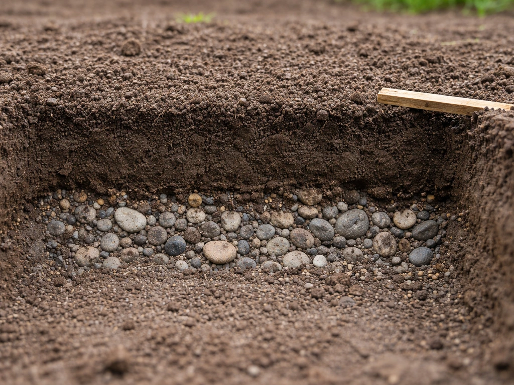 Coupe visuelle d’un substrat : 10 à 15 cm de terre végétale au-dessus d’un lit de gravier, en gros plan.