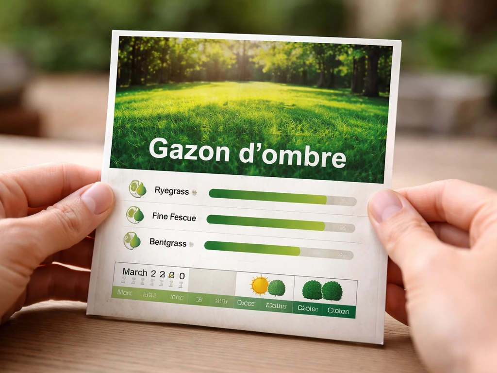 Zoom sur l’étiquette d’un sac de graines de gazon « ombre » sur une table, mains tenant le sac