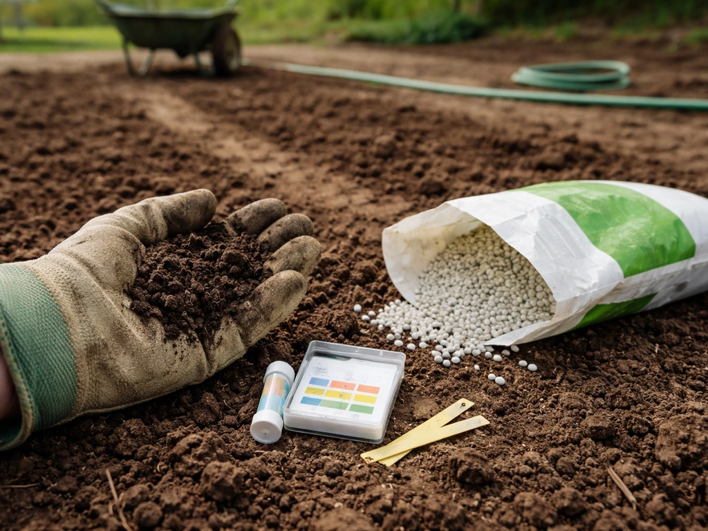 Terre de jardin et kit de test de pH avec chaux, sur un sol retourné avant une nouvelle installation de pelouse.