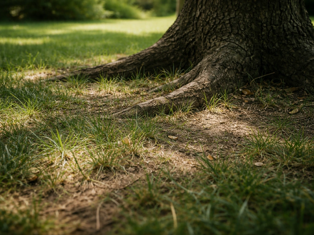 Au pied d’un arbre, brins d’herbe clairsemés et fragilisés sous l’ombre, terre visible entre les touffes.