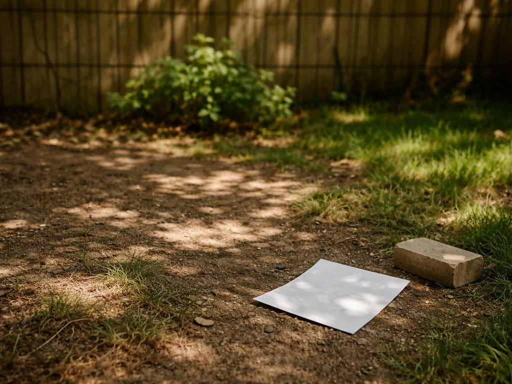 Sol de jardin ombragé avec l’ombre d’un arbre, observation au sol près d’une zone plus éclairée.