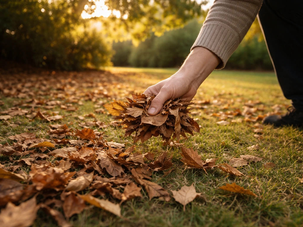 Personne ramassant des feuilles mortes sur une pelouse sous un arbre, lumière filtrée et sol dégagé.