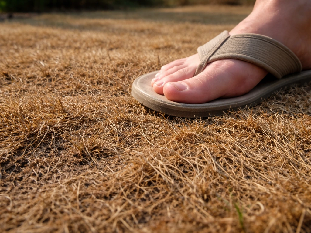 Gazon brun et craquant, brins aplatis sous un pied, montrant qu’il est vraiment desséché.