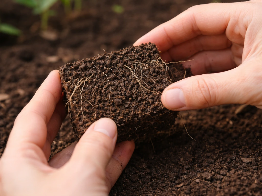 Mains tenant une petite plaque de terre arrachée, racines visibles pour vérifier leur vitalité.