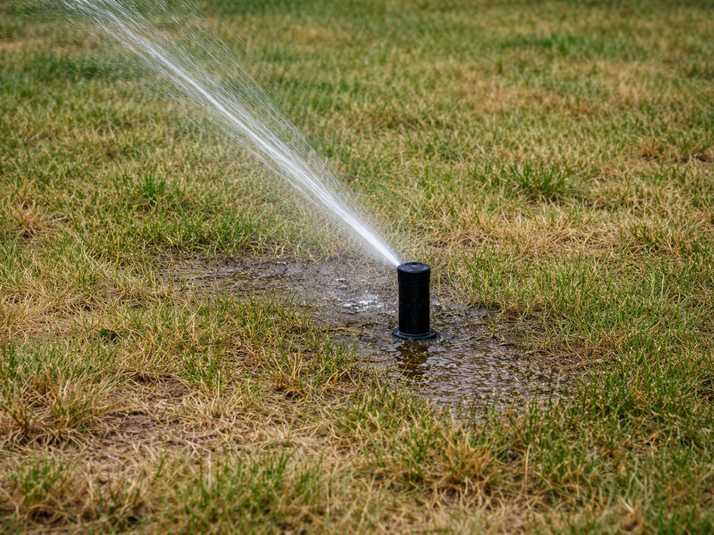 Arroseur de jardin en action, sol foncé qui s’humidifie en profondeur, gazon desséché qui repart