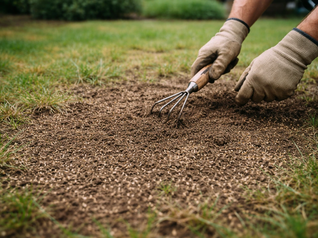 Chantier de réparation de pelouse : griffe au sol, graines épandues et recouvrement léger avec terre