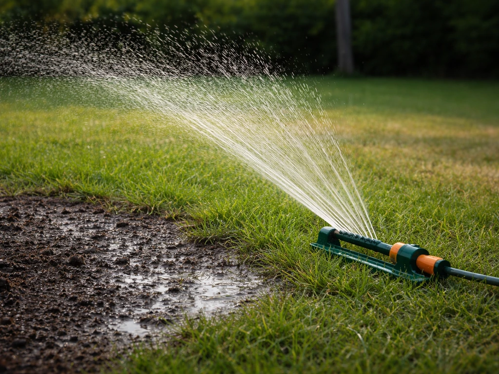 Jet d’arrosage sur une pelouse détrempée en surface, herbe plus sèche ailleurs, sans personne.