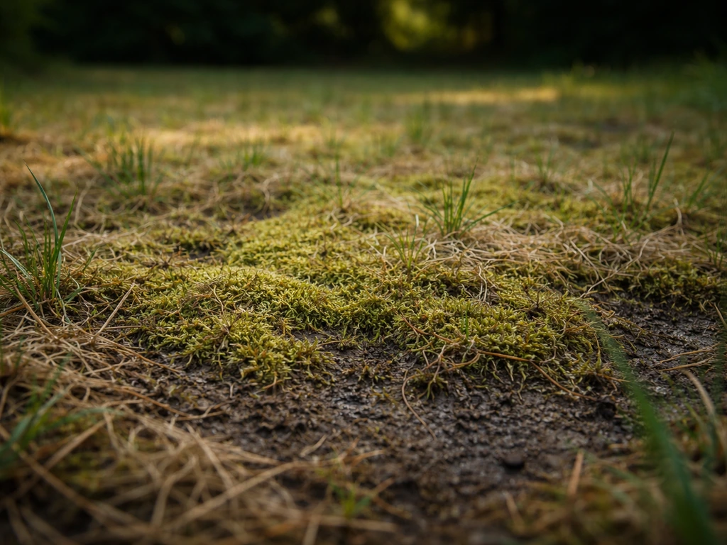 Gazon affaibli avec mousse en surface, sol humide et ombre, vue rapprochée réaliste