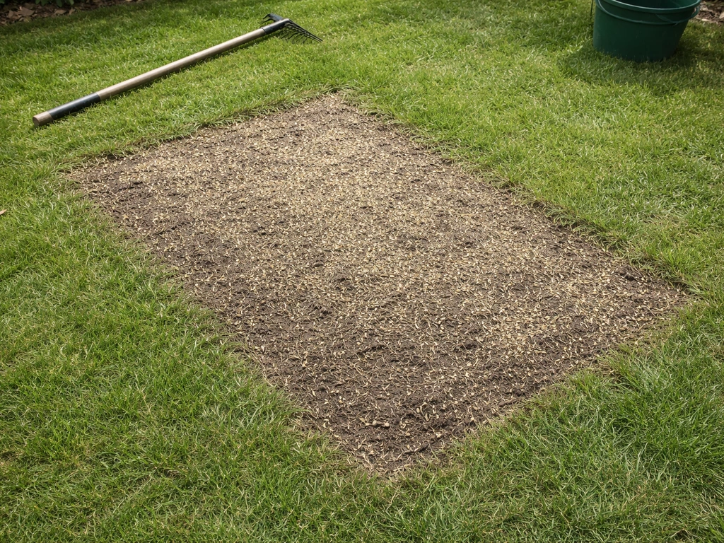 Scarification d’un gazon : sol aéré, feutre retiré, graines fraîchement semées sur une petite zone
