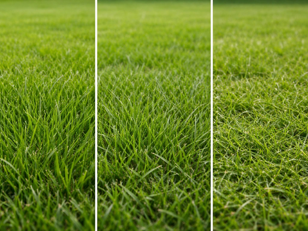Gros plan sur trois textures de graminées (fétuque élevée, pâturin, cynodon) posées sur une pelouse verte.