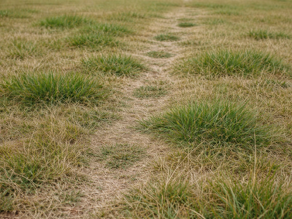 Pelouse en France avec zones légèrement sèches : le pâturin des prés forme des touffes denses malgré le piétinement lége