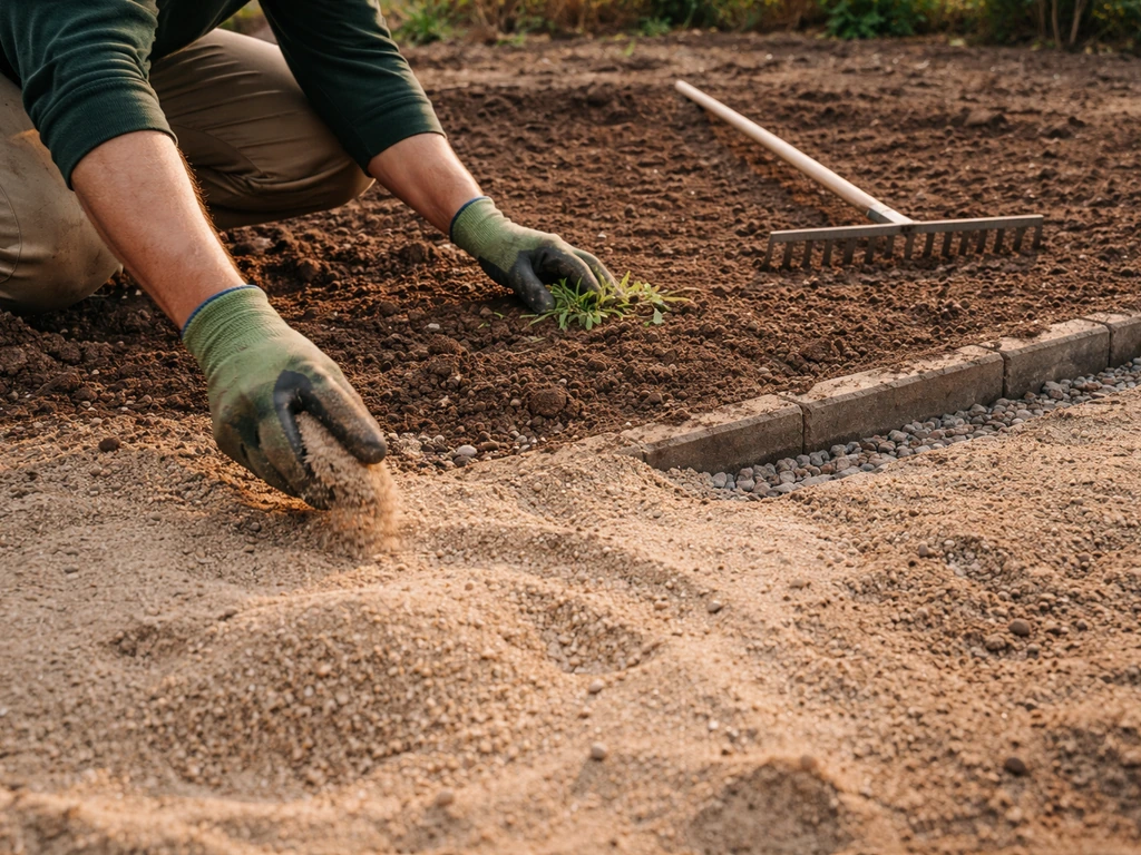 Mains anonymes au jardin : désherbage, nivellement au râteau, et sable en préparation avec drainage visible.