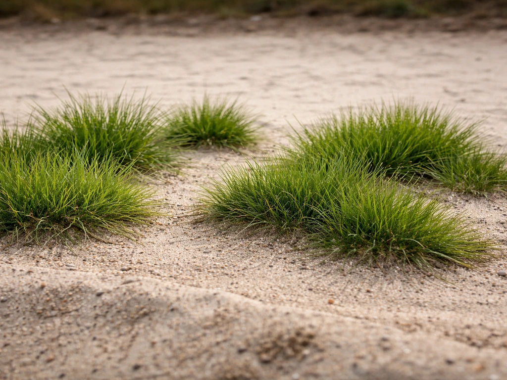 Touffes d’herbe de gazon sur sable, montrant des textures différentes adaptées à un sol drainant et peu fertile.