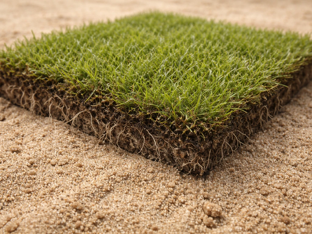 Gros plan sur un gazon posé sur sable avec mousse et feutrage entre les brins, racines superficielles visibles.