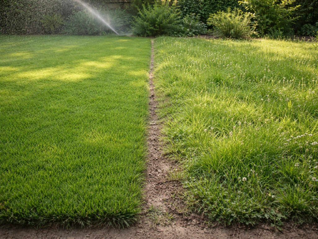 Jardin minimal en France : deux zones de pelouse, une verte uniforme et arrosée, l’autre haute et naturelle, sans arrosa