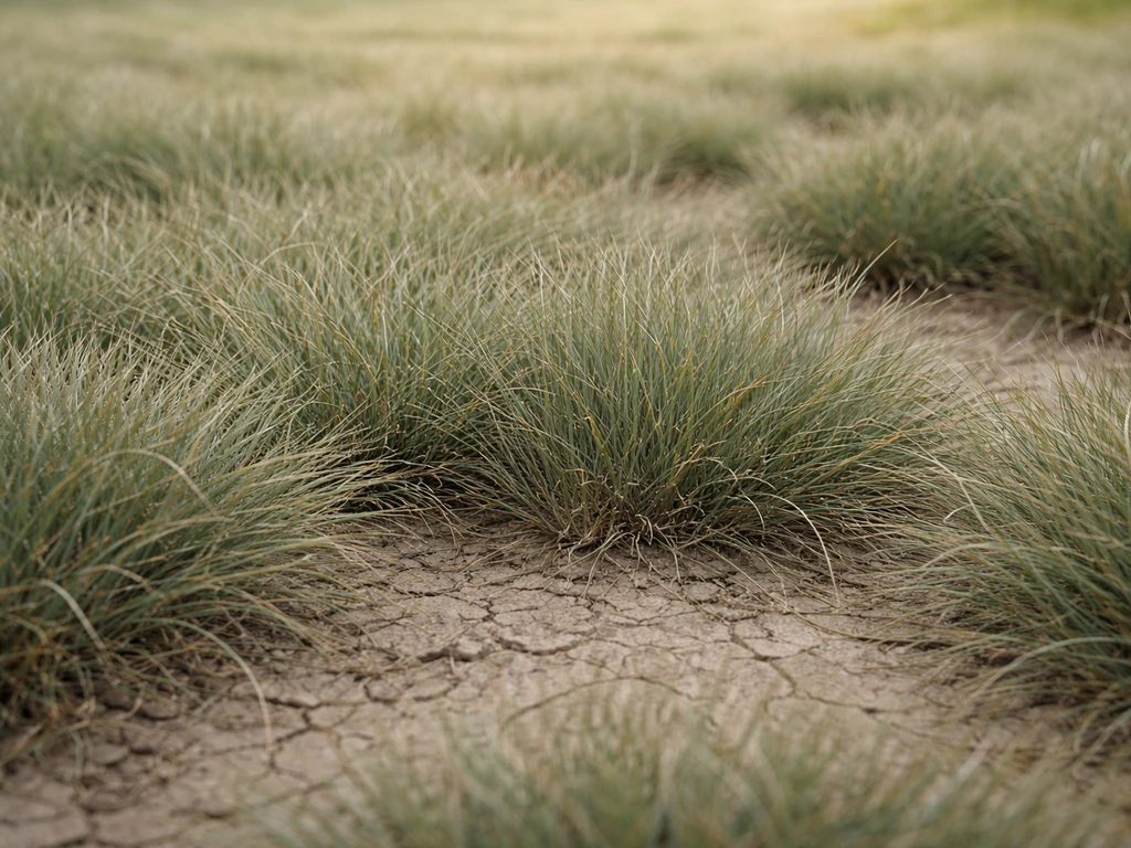Gros plan sur des fétuques fines vert-gris formant une couverture dense, avec sol sec autour.