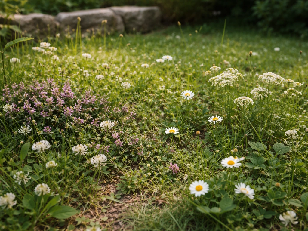 Micro-prairie fleurie avec graminées basses et petites fleurs, au naturel, sans tonte régulière