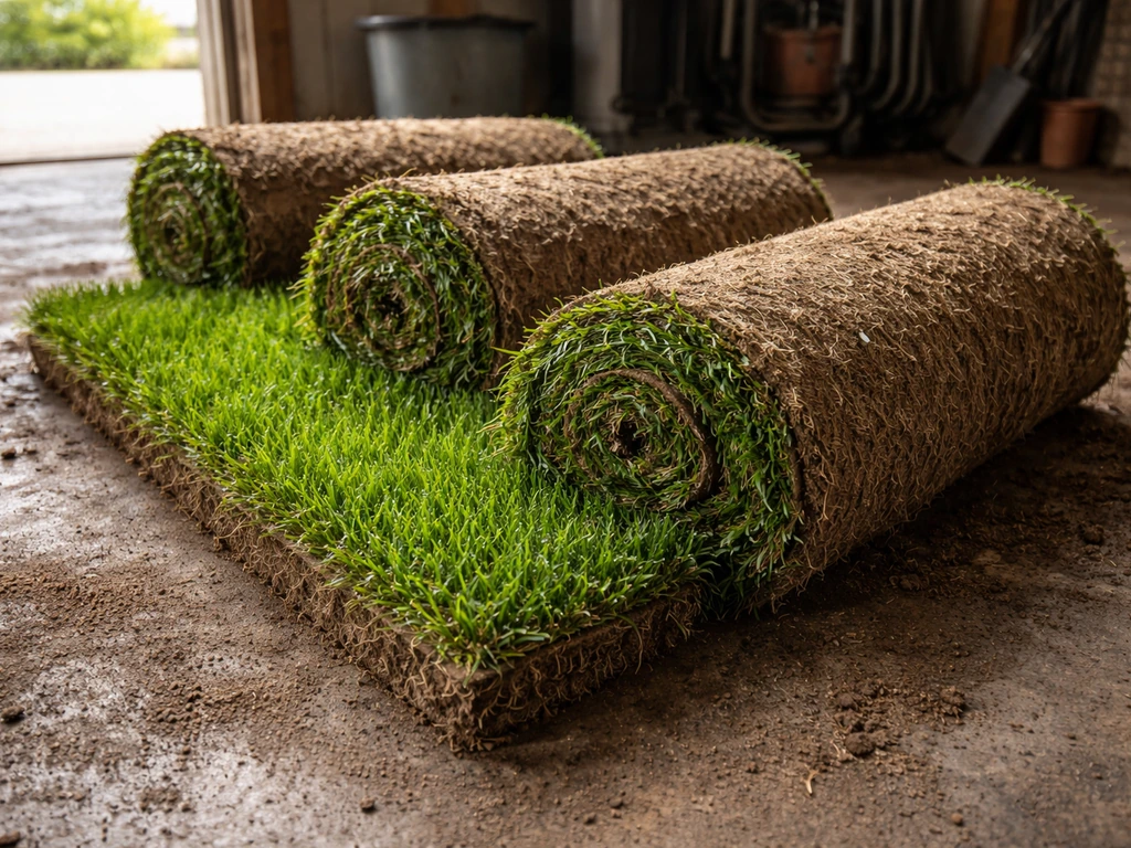 Gros plan sur des brins de gazon en rouleau, verts et frais, racines visibles et terre humide en atelier