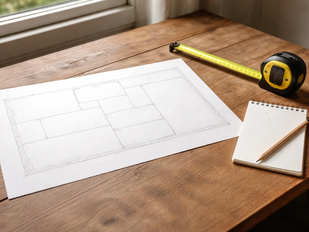 Plan de chantier avec ruban à mesurer et feuilles, montrant un découpages en rectangles et une marge de 5 à 10 %
