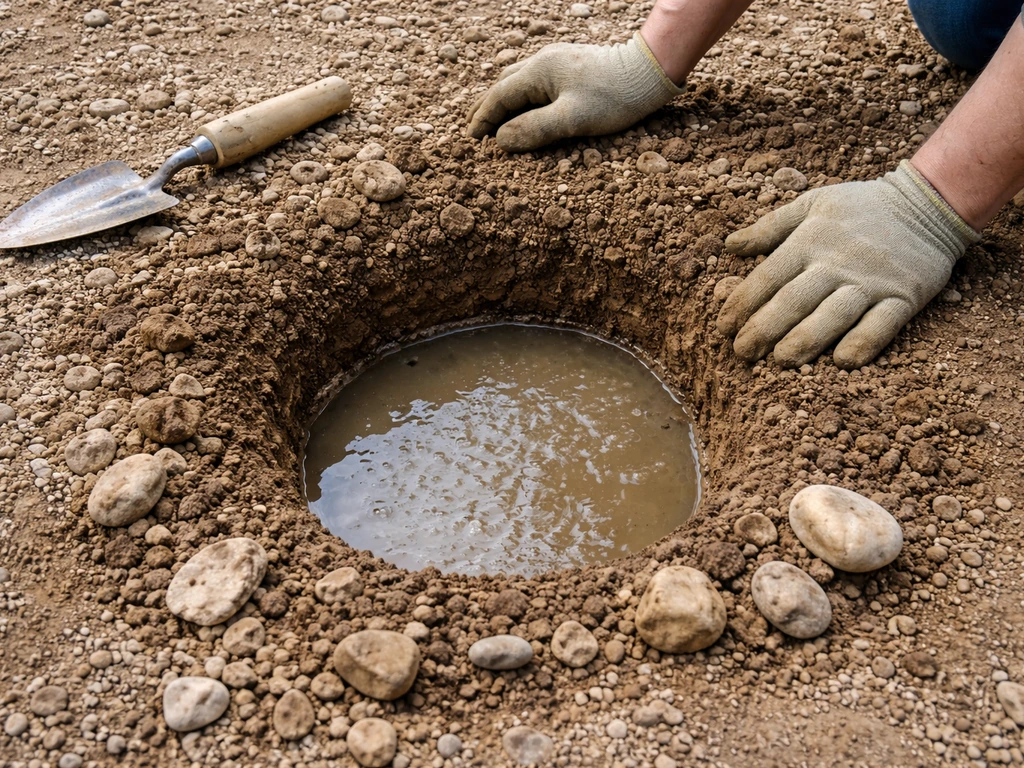 Un trou de jardin de 30 cm rempli d’eau sur sol caillouteux, avec écoulement visible