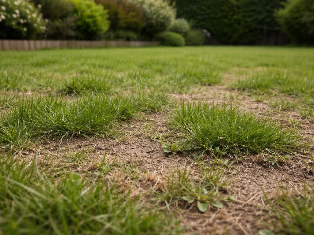 Pelouse de jardin résidentiel avec zones clairsemées et densité inégale, lumière naturelle et vue d’ensemble.