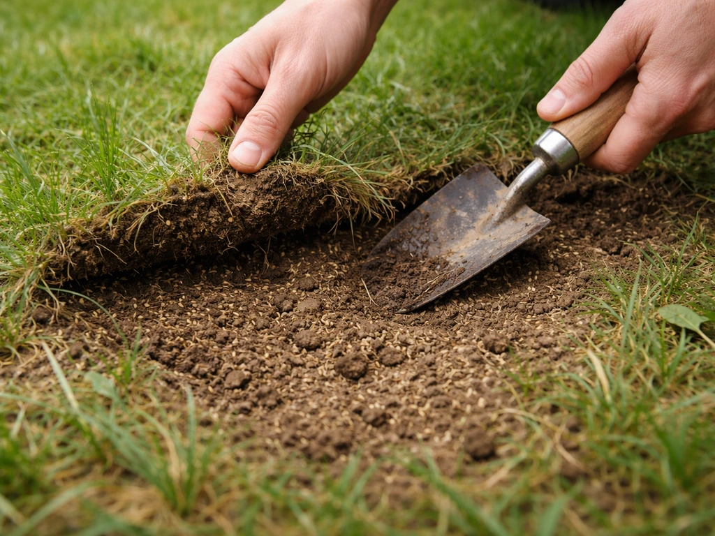 Gros plan réaliste sur une petite zone de pelouse avec une bêche, montrant des graines enterrées plus ou moins profondém