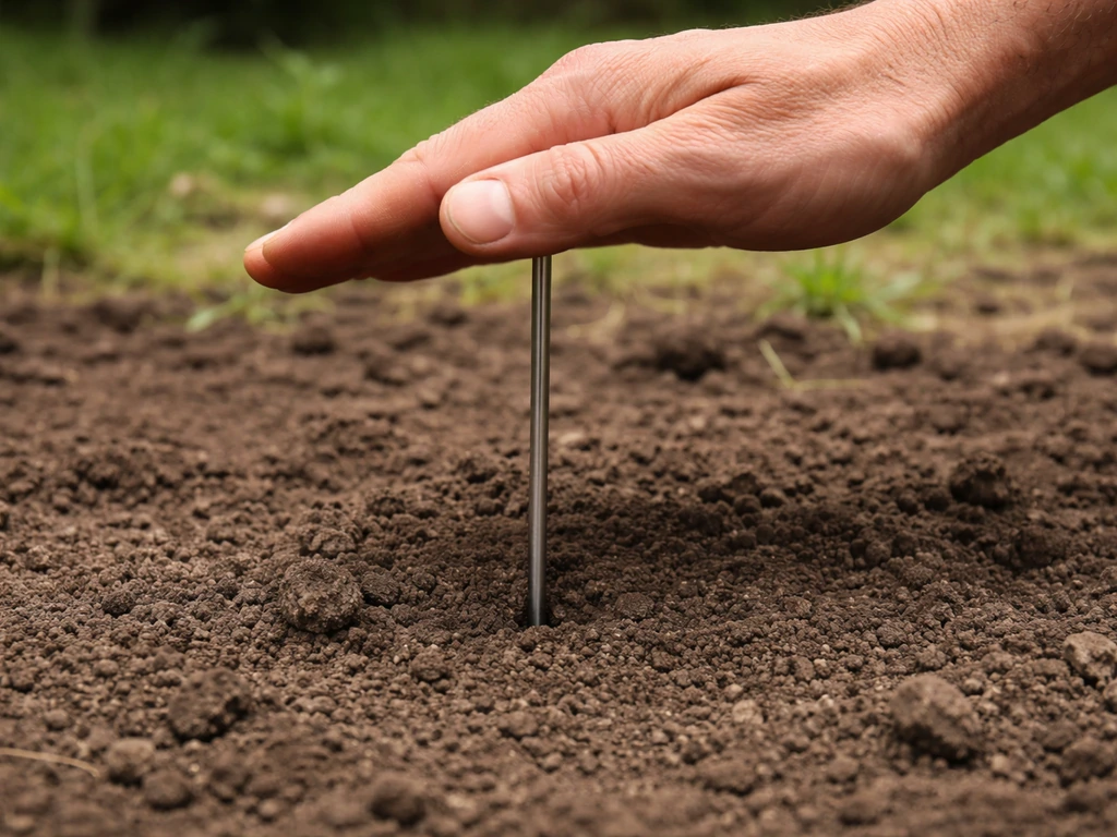 Tige métallique enfoncée dans la terre près d’un petit trou, illustrant un test de compaction du sol.