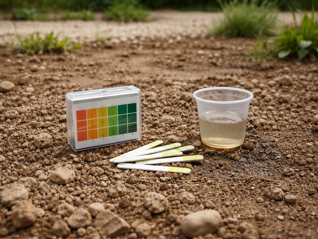 Sol calcaire caillouteux avec un kit de test pH et des bandelettes posées au premier plan.