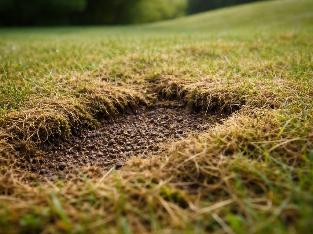 Gros plan d’un gazon calcaire après aération : mousse et feutrage soulevés, sol compacté visible