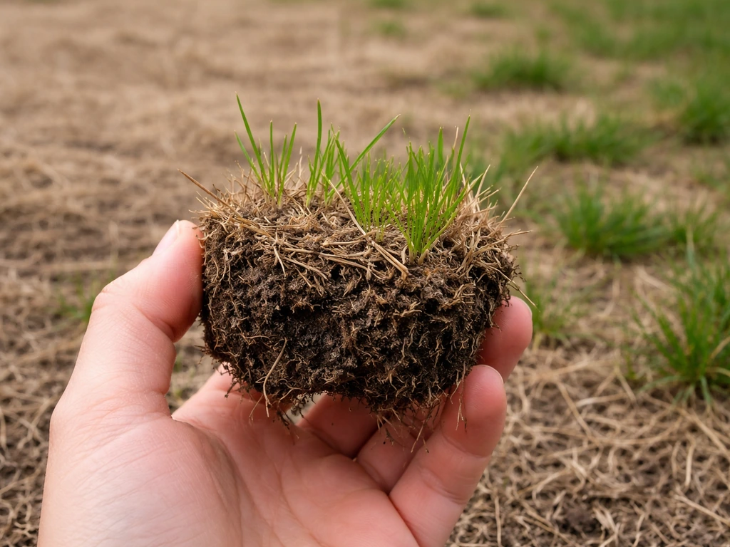 Main tenant une petite motte de gazon, brins verts après arrosage, sol et terre brune visibles.