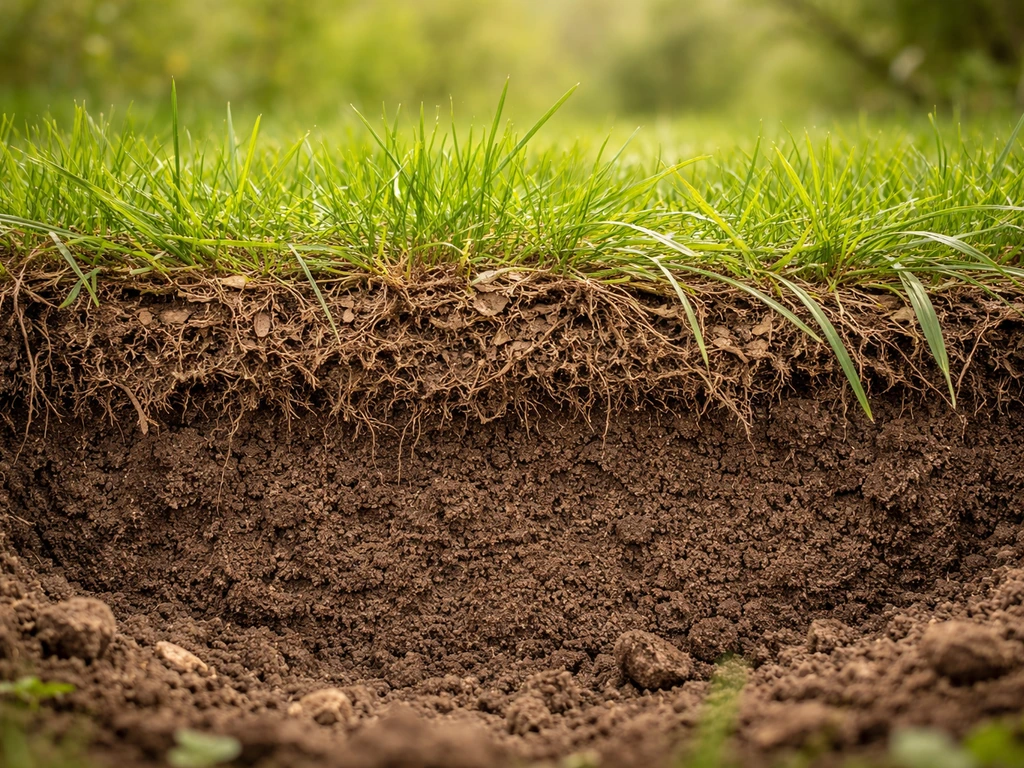 Coupe de sol de prairie montrant une couche de chaume feutrée trop épaisse sous des brins d’herbe verts.