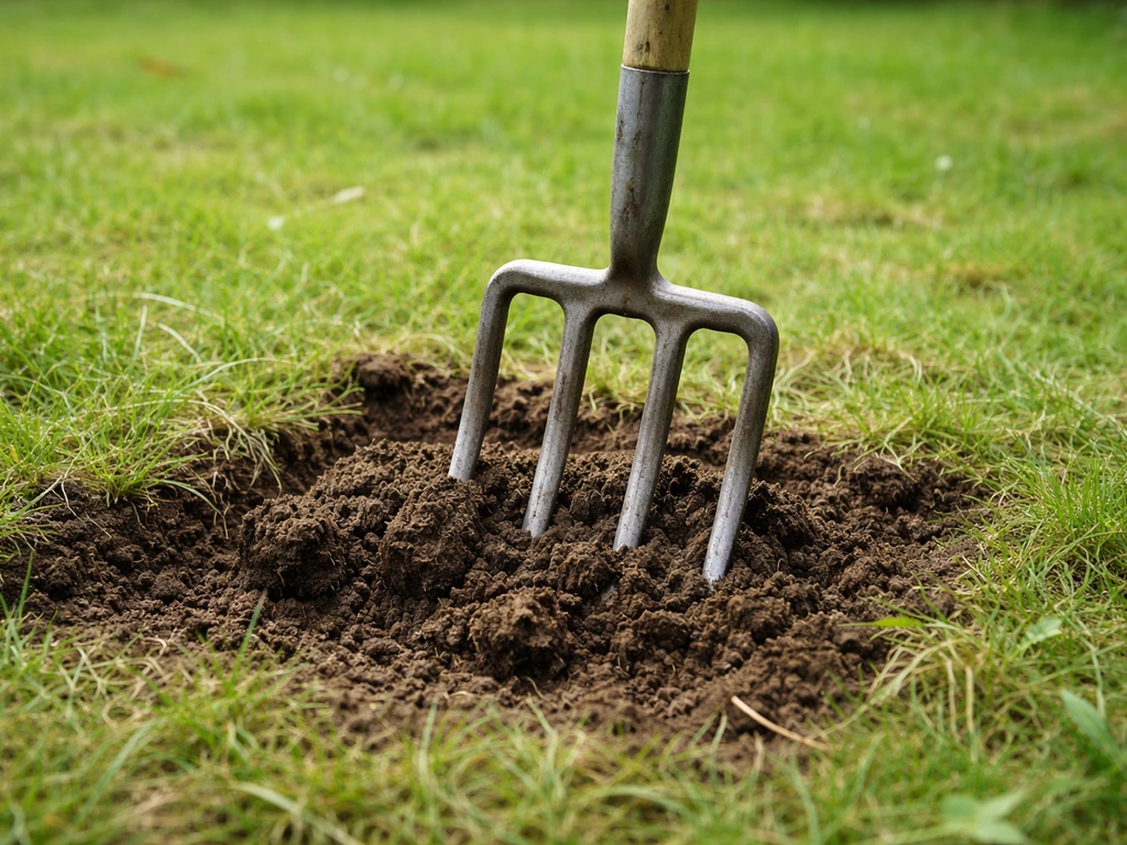 Fourche à bêcher enfoncée dans un gazon pour aérer le sol et casser le compactage